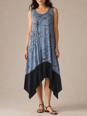 Chalet Et Ceci Blue Gray Floral Stretch Bamboo Handkerchief Hem Midi Dress L USA